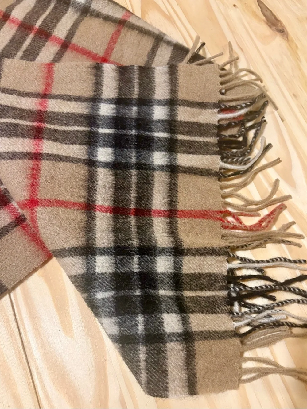 Camel Thomson Beige Plaid Wool-Blend Scarf with Fringe